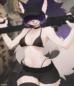 anthro bangs biped bottomwear bra breasts claws clothed clothed_anthro clothed_female clothing ear_piercing female fingers front_view fur gun hair hair_over_eyes hat headgear headwear navel pants piercing purple_hair ranged_weapon smile solo standing tail teeth thong_straps underwear weapon amarihel domestic_cat felid feline felis mammal 2026 absurd_res digital_drawing_(artwork) digital_media_(artwork) hi_res