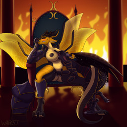 anthro armor big_breasts blush bodily_fluids breasts chair claws clothing duo female fingering fire furniture gauntlets gloves hand_on_mouth handwear insect_wings male male/female sitting throne wings conditional_dnp warest mythology dragon mythological_creature mythological_scalie scalie hi_res