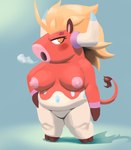 anthro areola belly big_breasts blush breasts fat_legs female multicolored_body nipples nude simple_background solo tail tippycat nexomon mu bovid bovine mammal nexomon_(species) digital_media_(artwork) hi_res