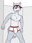 3:4 anthro backwards_baseball_cap backwards_hat baseball_cap briefs bulge canid canine canis clothed clothing colored_seam_underwear fuze hat headgear headwear hi_res male mammal navel nipples red_seam_underwear solo topless underwear white_briefs white_clothing white_underwear wolf wolf_frat_dude_(fuze)