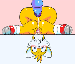 after_sex anthro anus blue_eyes blush bodily_fluids butt chest_tuft clothing crossgender cum cum_in_vagina cum_inside disembodied_penis duo erection female footwear fur gaping genital_fluids genitals glans glass_tabletop humanoid_genitalia humanoid_penis loli looking_at_viewer lying male male/female messy mtf_crossgender multi_tail nervous on_front orange_body penis pull_out sex shoes simple_background solo_focus split_screen tail tuft vulva young young_anthro freeflyspecter sega sonic_the_hedgehog_(series) miles_prower canid canine fox mammal digital_media_(artwork) male_(lore)