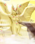 above_clouds anthro aura beak breasts cliff_side cloud female glowing glowing_eyes light light_beam multi_eye non-mammal_breasts sunbeam sunlight wings arc_rose angel avian