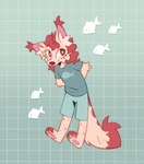 ambiguous_gender anthro barefoot biped bottomwear canid canine clothed clothing digital_drawing_(artwork) digital_media_(artwork) ear_tuft feet fox freckled_face freckledbastard freckles fully_clothed fur hi_res inner_ear_fluff mammal pawpads pink_pawpads red_body red_fur shirt shorts smile solo t-shirt tan_body tan_fur topwear tuft