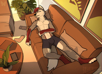 anthro black_boxer_briefs black_clothing black_underwear book boxer_briefs boxer_briefs_only clothed clothing eyes_closed facial_piercing furniture hair houseplant inside male nose_piercing nose_ring piercing pillow red_hair ring_piercing sleeping sofa solo tail text topless underwear underwear_only lathiroz redwood canid canine canis mammal wolf 2025 artist_name dated hi_res