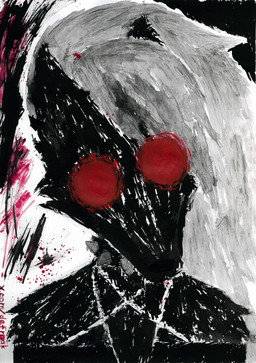 anthro creepy female glowing glowing_eyes hair long_hair looking_at_viewer multicolored_body nightmare_fuel red_eyes solo white_hair defreak hellaverse helluva_boss mythology loona_(helluva_boss) canid canid_demon canine demon hellhound mammal mythological_canine mythological_creature absurd_res hi_res painting_(artwork) traditional_media_(artwork) traditional_painting_(artwork)