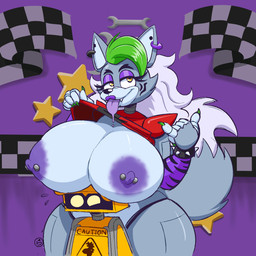 anthro areola barbell_piercing big_breasts black_nose blotchy_areola breasts clothing cute_fangs dipstick_tail ear_piercing ear_ring eyelashes eyeshadow fangs female fluffy fluffy_tail fur gesture glistening_eyelids green_hair grey_body grey_fur grey_tail hair half-closed_eyes hand_gesture head_markings huge_breasts long_eyelashes machine makeup markings multicolored_body multicolored_fur narrowed_eyes nipple_barbell nipple_dip nipple_piercing nipples piercing purple_areola purple_ear_ring purple_eyeshadow purple_nipples purple_tongue red_clothing ring_piercing solo tail tail_markings teeth thick_thighs tongue tongue_out tools two_tone_body two_tone_fur two_tone_tail white_hair white_tail wide_hips wrench yellow_eyes miobadders five_nights_at_freddy's five_nights_at_freddy's:_security_breach scottgames steel_wool_studios roxanne_wolf animatronic canid canine canis mammal robot wolf 1:1 2025 digital_drawing_(artwork) digital_media_(artwork) hi_res