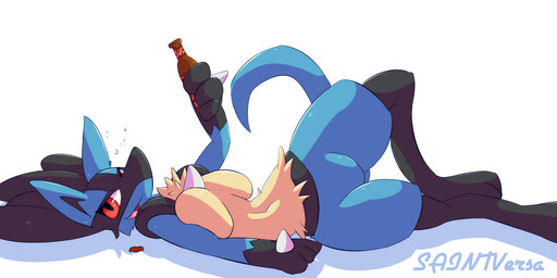 alcohol anthro beer beverage drunk female looking_at_viewer lying on_back simple_background solo substance_intoxication tail white_background saintversa nintendo pokemon canid canine generation_4_pokemon lucario mammal pokemon_(species) absurd_res hi_res