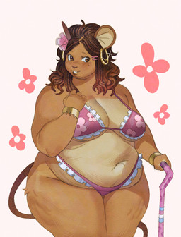 accessory anthro bare_shoulders belly belly_overhang big_belly big_breasts big_ears bikini black_coded blush blush_lines bra bracelet braided_hair breasts brown_body brown_eyes brown_fur brown_hair brown_lips brown_tail cane cellulite clothed clothing countershade_belly countershade_breasts countershade_torso countershading ear_piercing ear_ring eyelashes female female_anthro floral_print floral_print_bra flower flower_in_hair frilly frilly_bikini frilly_bra frilly_clothing frilly_swimwear frilly_thong frilly_underwear fur gold_(metal) gold_bracelet gold_ear_ring gold_jewelry hair hair_accessory hairclip holding_cane holding_object hoop_ear_ring jewelry lgbt_pride lips long_tail love_handles markings mediym_hair mole_(marking) mole_on_cheek mole_under_eye navel overweight overweight_anthro pantsless_anthro pantsless_female piercing pink_bra pink_clothing pink_flower pink_hairclip pink_thong pink_underwear plant pride_colors ring_piercing round_ears shirtless_anthro shirtless_female shy simple_background skimpy slight_blush smile solo swimwear tail thick_arms thick_thighs thin_tail thong transgender_pride_colors two-piece_swimsuit underwear underwear_only white_background wide_hips wolfertinger hitch_(wolfertinger) mammal mouse murid murine rodent 2026 hatching_(art) hi_res portrait shaded soft_shading three-quarter_portrait trans_(lore) trans_man_(lore)