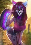 5_fingers anthro breasts day detailed_background eyebrows eyelashes female fingers outside purple_eyes solo gaiawolfess malakhael canid canine mammal 2022 digital_media_(artwork) hi_res