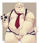 anthro belly big_belly black_nose blush clothed clothing eyes_closed eyewear fur humanoid_hands jockstrap kemono male monocle moobs nipples open_clothing open_shirt open_topwear overweight overweight_male shirt solo suspenders tongue tongue_out topwear underwear white_body white_fur l4zily canid canine canis domestic_dog mammal 2022 absurd_res hi_res