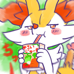 :3 ambiguous_anthro ambiguous_gender anthro beverage biped blush blush_stickers drinking drinking_straw food front_view juice_(beverage) narrowed_eyes no_pupils object_in_tail onomatopoeia puffed_cheeks shrimp_(food) simple_background slurping solo sound_effects tail text vegetable_juice annyui0611 nintendo pokemon braixen canid generation_6_pokemon mammal pokemon_(species) 1:1 2024 bust_portrait digital_drawing_(artwork) digital_media_(artwork) hi_res japanese_description japanese_text portrait translated translated_description