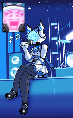 blurred_character clothed clothing crossdressing crossed_legs detailed_background dress duo electronics female legwear machine male microphone not_furry screen screen_face selfie singing sitting thigh_highs baronflint fan_screaming_at_madison_beer_performance avalon_(baronflint) camelot_(baronflint) humanoid robot robot_humanoid hi_res