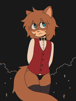 anthro black_background black_bow_tie black_clothing black_panties black_underwear blue_eyes bow_tie brown_body brown_fur brown_hair clothing cloud femboy formal_wear fur hair hands_behind_back legwear looking_away male panties pink_nose red_clothing red_topwear red_vest shirt simple_background slim_anthro slim_male solo sparkles tail thigh_highs topwear underwear vest white_clothing white_shirt white_topwear crischar_foxito oliver_(crischar_foxito) domestic_ferret mammal mustelid musteline true_musteline weasel 2025 absurd_res digital_drawing_(artwork) digital_media_(artwork) hi_res portrait three-quarter_portrait