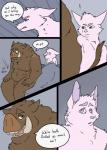 anthro bed bedding blanket brown_body brown_fur dialogue duo exclamation_point flaccid fur furniture genitals green_eyes male penis pink_body pink_eyes pink_fur profanity simple_background speech_bubble text tusks okadu canid canine fox mammal suid suina sus_(pig) wild_boar 2016 comic english_text hi_res