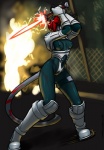 anthro armor breasts car clothed clothing female hair hair_over_eye laser_sword melee_weapon nipples one_eye_obstructed outside red_hair solo street sword tail unconvincing_armor uniform vehicle weapon furball scarlett_(furball) domestic_cat felid feline felis mammal