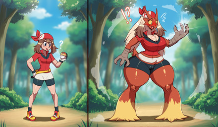 3_fingers anthro beak before_and_after big_breasts blonde_hair body_size_growth bottomwear breast_expansion breasts brown_hair camel_toe claws clothing day detailed_background expansion feet female finger_claws fingers footwear forest front_view hair holding_object holding_pokeball human_to_anthro interrobang light_hair navel open_mouth outside pigeon_toed plant pokeball poof_transformation question_mark shoes shorts size_transformation smile solo species_transformation standing surprised tail talon_hands talons tan_hair thigh_expansion toes transformation transformation_by_pokeball tree white_hair flybeeth nintendo pokemon may_(pokemon) avian blaziken generation_3_pokemon human mammal pokemon_(species) 2026 absurd_res digital_media_(artwork) hi_res