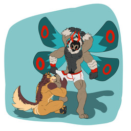 4_arms abs antennae_(anatomy) anthro barazoku beard black_body black_fur blush body_hair bottomwear brown_body brown_fur bulge butt clothing clothing_pull duo ear_piercing eyebrow_piercing facial_hair facial_piercing fangs fur grabbing green_body grey_body happy_trail male male/male markings multi_arm multi_limb muscular muscular_anthro muscular_male neck_tuft nipples orange_body orange_fur pecs piercing pubes red_body smile teasing teeth tuft turquoise_body underwear underwear_pull wings yellow_body yellow_fur zordykeaboo home_zomewhere_else fred_kent mothoc arthropod canid canine canis domestic_dog german_shepherd herding_dog insect lepidopteran mammal moth pastoral_dog 1:1 absurd_res hi_res