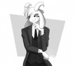 anthro black_clothing black_necktie black_sclera black_suit button_(fastener) clothed clothing fur happy horn long_ears looking_at_viewer male necktie overcoat shirt simple_background smile solo standing suit suit_jacket topwear undershirt white_body white_fur siqko undertale undertale_(series) asriel_dreemurr_(god_form) boss_monster_(undertale) bovid caprine mammal 2016 monochrome