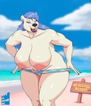 anthro areola beach big_breasts blue_hair breasts clothing female hair nipples solo swimwear thick_thighs undressing white_body da_polar_inc bear mammal polar_bear ursine 2024 hi_res