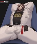 anthro balls_outline belt black_clothing black_shirt black_topwear bottomwear bulge clothed clothing detailed_bulge down_the_leg_bulge emblem eye_scar facial_scar genital_outline hands_behind_head lying male on_back pants patreon_logo penis_outline scar shirt slightly_chubby solo suggestive_pose text topwear white_bottomwear white_clothing white_pants white_topwear sooxand mihoyo patreon zenless_zone_zero ben_bigger bear brown_bear grizzly_bear mammal ursine 2022 artist_name english_text hi_res url