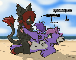 anthro anthro_on_anthro anthro_penetrated anthro_penetrating anthro_penetrating_anthro beach black_body black_fur breasts claws cloud dialogue duo ear_tuft erection female female_penetrated fur genitals gesture green_eyes hair hand_gesture hooves inner_ear_fluff leg_glider_position leg_grab light male male/female male_penetrating male_penetrating_female multicolored_body multicolored_fur neck_tuft nipples nude outside_sex pawpads penetration penile penile_penetration penis penis_in_vagina pink_hair pointing profanity purple_body purple_fur raised_leg red_hair seaside sex sky speech_bubble sunlight tail tail_tuft tattoo text tuft two_tone_body two_tone_fur vaginal vaginal_penetration vulva water yellow_eyes wub_(artist) betilla_zanders_(wub) domestic_cat felid feline felis hybrid mammal absurd_res english_text hi_res signature watermark