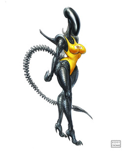 big_breasts breasts clothed clothing elongated_head female long_tail one-piece_swimsuit skimpy smile swimwear tail thick_thighs wide_hips kory_cromie alien_(franchise) alien xenomorph 5:6 hi_res