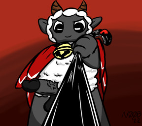 abstract_background anthro bell black_body black_penis cloak clothing erection fist fur genitals horn leash leash_pull looking_at_viewer looking_down low-angle_view male penis solo submissive wool_(fur) impybunny cult_of_the_lamb massive_monster_(studio) lamb_(cult_of_the_lamb) bovid caprine mammal sheep hi_res