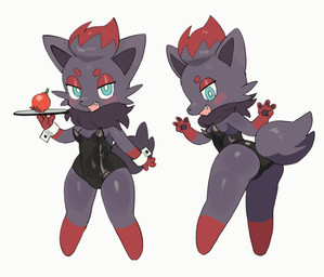 anthro black_body black_fur blue_eyes blush breasts bunny_costume chibi clothed clothing costume double_v_sign female food front_and_back fruit fur gesture hand_gesture holding_tray kemono neck_tuft open_mouth open_smile oversized_clothing pawpads paws plant playboy_bunny pokemon_berry pomeg_berry red_body red_fur server serving_tray side_boob simple_background smile solo tuft v_sign waiter white_background batrobin_k nintendo pokemon canid canine generation_5_pokemon mammal pokemon_(species) zorua