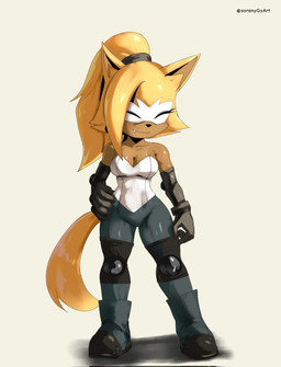 anthro armwear blonde_hair boots bottomwear breasts brown_body clothing collarbone elbow_gloves eyelashes eyes_closed facial_markings fangs female footwear glistening glistening_breasts gloves hair hand_on_hip handwear head_markings knee_pads markings mask_(marking) pants ponytail shoes smile solo teeth soranygyart idw_publishing sega sonic_the_hedgehog_(comics) sonic_the_hedgehog_(idw) sonic_the_hedgehog_(series) whisper_the_wolf canid canine canis mammal wolf 2026 hi_res