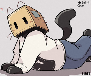 ambiguous_gender anthro arm_support black_body black_fur blue_bottomwear blue_clothing blue_jeans blue_pants blush blush_lines bottomwear box box_on_head cardboard cardboard_box clothed clothing container denim denim_bottomwear denim_clothing dot_eyes ears_up forward_arm_support fur grey_background head_tilt heart_symbol highlights_(coloring) jeans kemono legs_up long_sleeve_shirt long_sleeves looking_at_viewer lying mouthless narrowed_eyes on_front pants paws raised_tail shirt simple_background simple_eyes solo tail text topwear whiskers white_clothing white_shirt white_topwear ke_mo_suke utau hakoiri_oto domestic_cat felid feline felis mammal 2025 artist_name digital_media_(artwork) english_text hi_res shaded simple_shading