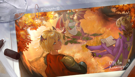 anniversary_art anthro armor autumn blonde_hair book claws detailed_background fantasy female forest green_hair group hair horn light looking_back male orange_leaves outside peaceful plant printed_artwork purple_body purple_scales reading scales sitting sunlight tail tree warm_lighting wings daisychu mythology dragon humanoid mammal mythological_creature mythological_scalie scalie