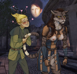 annoyed armor bandage blush breasts cleavage_cutout clothed clothing cutout dark_body dark_fur duo exposed_breasts female fur heart_symbol male male/female tail tail_grab tailrub torn_clothing wardrobe_malfunction whiskers yellow_eyes hakuryuorion bethesda_game_studios microsoft oblivion the_elder_scrolls adoring_fan felina'ma todd_howard bosmer felid humanoid khajiit mammal 2025 hi_res