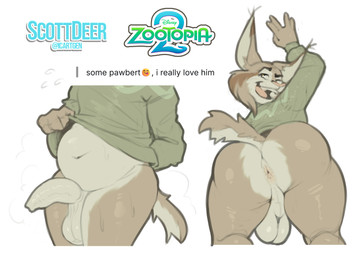 anthro anus backsack balls belly bodily_fluids body_hair bottomless bubble_butt butt clothed clothing clothing_lift fur genitals green_clothing green_sweater green_topwear grey_body grey_fur hand_behind_back looking_at_viewer looking_back male on_wall penis presenting presenting_anus presenting_balls presenting_hindquarters presenting_penis solo sweat sweatdrop sweater tail text topwear tuft scottdeer disney zootopia pawbert_lynxley canada_lynx felid feline lynx mammal english_text hi_res