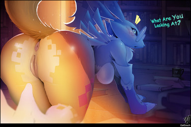 all_fours anthro anus big_butt book breasts butt clothing detailed_background dialogue eyewear female genitals glasses gloves handwear head_markings heart_symbol library looking_at_viewer looking_back markings mostly_nude multicolored_ears rear_view solo text vulva white_body yellow_body catcouch conditional_dnp bandai_namco digimon data_(wouhlven) fan_character canid canine digimon_(species) mammal renamon 2018 3:2 absurd_res english_text hi_res