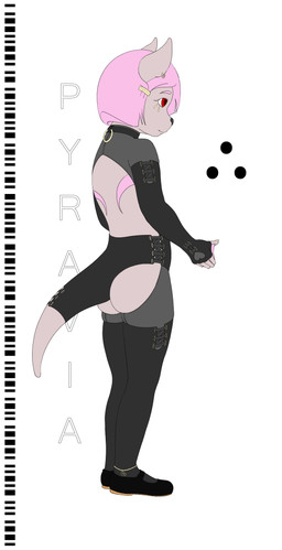 accessory ambiguous_gender anklet armwear bodypaint bodysuit clothing collar colored_nails ear_piercing ear_ring elbow_gloves face_paint footwear fur gloves grey_body grey_fur hair hair_accessory hairclip handwear jewelry legwear mary_janes membrane_(anatomy) nails piercing pink_hair pink_stripes poster red_eyes ring_piercing shoes skinsuit solo stripes thigh_highs tight_clothing webbed_hands pyravia_(artist) pyravia hybrid mammal mustelid otter absurd_res hi_res