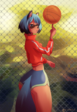 anthro ball basketball butt clothed clothing female outside solo track_jacket metonka brand_new_animal studio_trigger michiru_kagemori canid canine mammal raccoon_dog tanuki digital_media_(artwork) hi_res shaded