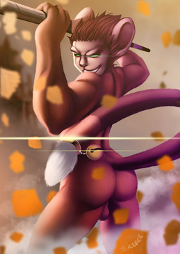 accessory anthro athletic athletic_anthro athletic_male backsack balls bell biped brown_body brown_fur brown_hair butt fur furgonomics genitals glowing glowing_eyes green_eyes grin hair looking_at_viewer looking_back male nude rear_view short_hair smile solo standing tail tail_accessory tail_bell teeth training reiser journey_to_the_west league_of_legends riot_games tencent sun_wukong wukong_(lol) haplorhine mammal monkey primate