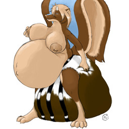 anthro areola belly big_belly big_breasts biped breasts brown_body brown_fur clothing diaper excessive_feces feces female fur hyper hyper_feces hyper_soiling navel nipples scatplay simple_background soiled_diaper soiling solo unclean_diaper used_diaper photon_(artist) mammal mephitid skunk 1:1 hi_res
