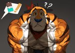 abs anthro barazoku biceps big_muscles bodily_fluids bulge candy chocolate clothed clothing deltoids dessert exclamation_point eyebrows food frown fur grey_background huge_arms huge_muscles imminent_sex kemono kerchief kneeling looking_at_viewer looming male mascot muscular muscular_anthro muscular_male neckerchief neckwear nervous offscreen_character pecs penis_shadow question_mark shadow simple_background solo speech_bubble sweat thick_arms thong topless topless_anthro topless_male tuft underwear vein veiny_muscles traver009 frosted_flakes kellogg's tony_the_tiger felid mammal pantherine tiger 2024 absurd_res hi_res pictographics