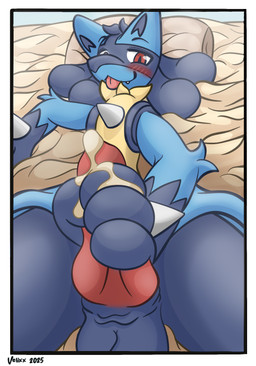animal_genitalia animal_penis anthro bed_sheet bedding bedroom_eyes blue_body blue_fur blush bodily_fluids canine_genitalia canine_penis cum cum_drip cum_on_penis dripping fur genital_fluids genitals knot knotted_penis looking_at_viewer male masturbation narrowed_eyes penis pillow seductive smile smiling_at_viewer solo tongue tongue_out velixx nintendo pokemon generation_4_pokemon lucario pokemon_(species) hi_res