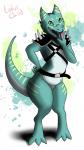 armor green_body green_skin smile solo standing tongue tongue_out white_body white_skin lotuschild kobold scalie sling_(disambiguation) 9:16 hi_res