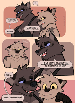4_panel_comic anthro arm_markings blue_sclera brown_body clothing dialogue duo ear_piercing ears_down encouragement male markings muscular nervous pecs piercing pivoted_ears shirt shoulder_markings side_hug speech_bubble star_(marking) tank_top term_of_endearment text topwear yellow_sclera rygel_spkb milo_(rygel_spkb) yoby_(rygel_spkb) canid canine canis mammal wolf absurd_res artist_name comic english_text hi_res