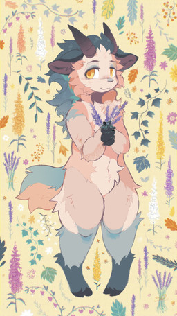 2_horns anthro beautiful_background blue_body blue_fur blush blush_lines branch claws ear_tuft ears_down female floral_background flower fluffy fur green_leaves heart_symbol holding_flower holding_object hooves horn lavender_(flower) leaf leaf_background multicolored_body multicolored_fur orange_leaves pink_body pink_flower pink_fur pivoted_ears plant purple_flower simple_background solo tan_background tuft white_flower yellow_eyes yellow_flower nessiemooo mythology dragon furred_dragon furred_scalie mythological_creature mythological_scalie scalie full-length_portrait hi_res portrait