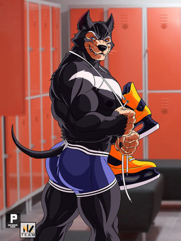 anthro black_body black_fur black_nose boxers_(clothing) butt clothed clothed_anthro clothed_male clothing footwear fur holding_clothing holding_footwear holding_ice_skates holding_object ice_skates locker locker_room male muscular muscular_anthro muscular_male nipples smile solo topless topless_anthro topless_male underwear nexus ron_(nexus) dasyurid dasyuromorph mammal marsupial tasmanian_devil hi_res
