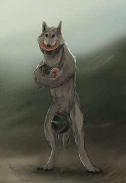 anthro cheek_tuft claws digitigrade facial_tuft food food_fetish food_penetration food_play fruit improvised_sex_toy knot_hanging knotting looking_at_viewer male male_penetrating melon nom penetration plant simple_background solo standing toe_claws tuft watermelon kelenkenwithfangs canid canine canis mammal wolf 2022 colored hi_res