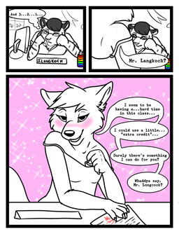 5_fingers anthro blush bribe classroom clothed clothing collarbone eyewear female fingers glasses grin male rainbow school seductive shirt shoulder_blades simple_background skimpy smile speech_bubble student tank_top teacher text topwear young young_anthro x13 james_langkoch kailee_(x13) canid canine felid fox mammal pantherine tiger absurd_res comic english_text hi_res