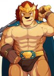 5_fingers abs amber_eyes anthro balls_outline black_nose bulge cape clothing crown detailed_bulge fingerless_gloves fingers genital_outline gloves hair handwear headgear male mane melee_weapon multicolored_body muscular muscular_anthro muscular_male red_hair solo sword tan_body two_tone_body weapon whiskers orangetaming legends_of_chima lego laval_(legends_of_chima) felid lion mammal pantherine hi_res shaded