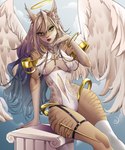 5_fingers anthro breasts clothed clothing day detailed_background eyebrows eyelashes feathered_wings feathers female fingers fur green_eyes hair looking_at_viewer navel outside sky solo wings lisaamint hybrid 2022 digital_media_(artwork) hi_res