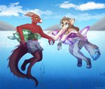 animal_pool_toy anthro arms_bent bent_legs bikini blue_eyes blue_highlights brown_hair claws clothing clothing_cord cloud drawstring drawstring_swimwear duo extended_arms female floating fluffy fluffy_tail fully_submerged_legs fully_submerged_tail fur hair half_submerged hand_holding hands_in_water highlights_(coloring) horn inflatable inflatable_ride inflatable_support inflatable_toy lake male male/female on_pool_toy outside partially_submerged plant pool_toy red_body red_scales romantic romantic_couple scales sky smile submerged_hands submerged_legs submerged_tail swimming_trunks swimwear tail tan_body tan_fur tree two-piece_swimsuit water yellow_eyes young strawberryneko mythology echo_(echoic) canid canine canis dragon inanimate_object mammal mythological_creature mythological_scalie scalie wolf