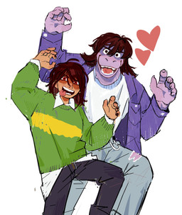 anthro bottomwear brown_hair clothing denim denim_bottomwear denim_clothing duo female green_clothing green_sweater green_topwear hair heart_symbol jacket jeans looking_at_viewer open_mouth pants purple_body raised_arms red_eyes shadowed_eyes shirt simple_background sweater teeth tongue tongue_out topwear torn_bottomwear torn_clothing torn_pants white_background macholobo deltarune undertale_(series) kris_dreemurr susie_(deltarune) human mammal reptile scalie 2025 absurd_res hi_res